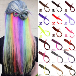 MUMUPI Long Straight color Hair Piece Hair Extensions Clip In Highlight Rainbow Hair Streak Pink Synthetic Hair Strands on Clips