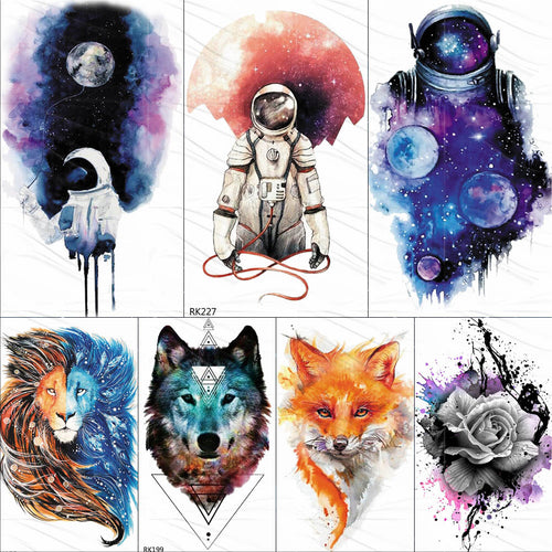 Watercolor Astronaut Universe Temporary Tattoos Sticker For Kids Fake Tattoo Planets Star Tatoos Children Waterproof Space Man